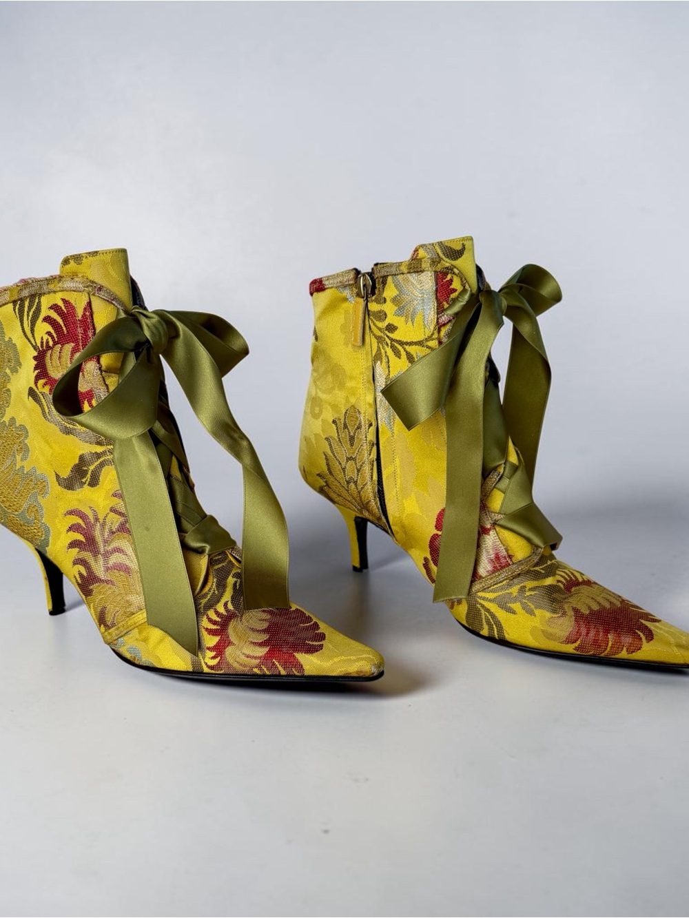 Oscar de la Renta Yellow Floral Brocade Ankle Booties with Olive lace up ribbon.